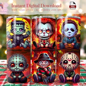 May include: Set of six 20 oz. tumbler designs featuring cartoon characters from popular horror movies. The designs include Freddy Krueger, Jason Voorhees, Michael Myers, Pennywise, Leatherface, and Chucky. Each design is on a white tumbler with a red, orange, and yellow background.