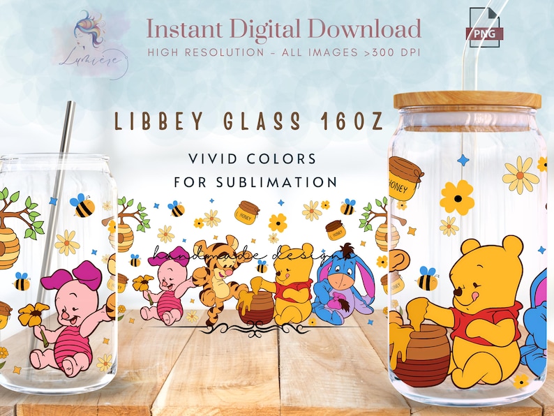 May include: Two clear glass tumblers with a straw, one with a Winnie the Pooh design and the other with a honey pot design. The tumblers are 16 oz and are for sublimation.