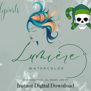 Op de afbeelding: Waterverf clipart van een vrouw met blauw en oranje haar, een schedel met een groene narrenmuts en de tekst "Lumi&egrave;re Watercolor".