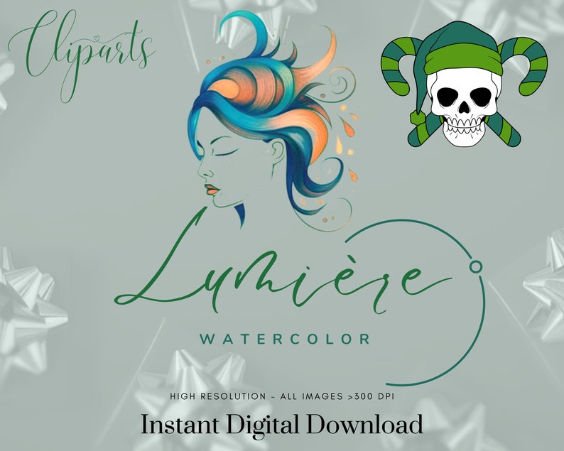 Op de afbeelding: Waterverf clipart van een vrouw met blauw en oranje haar, een schedel met een groene narrenmuts en de tekst "Lumi&egrave;re Watercolor".