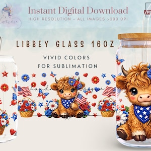 Puede incluir: Diseño digital para un vaso Libbey de 473 ml, con una vaca de las Tierras Altas con temática patriótica. El diseño incluye banderas americanas, flores y estrellas en rojo, blanco y azul. El texto dice "Descarga digital instantánea" y "Colores vívidos para sublimación".