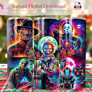 May include: Three stainless steel tumblers with vibrant, colorful horror movie character designs. Each tumbler features a different character, including Freddy Krueger, Chucky, Michael Myers, Jason Voorhees, and Pennywise, set against a spooky, neon-lit background. The text "Instant Digital Download" is visible.