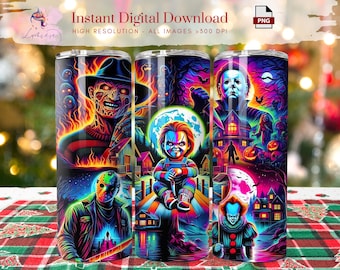 Envoltura para vaso de 20 oz con personajes de películas de Halloween ~ Películas de terror ~ Envoltura para vaso de asesinos ~ Diseño imprimible de Halloween neón ~ Digital ~ Sublimación