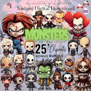 Halloween Monsters ClipArt~ 26+ Classic Movie Characters PNG~ Horror Villain Png~ High quality transparent PNG SVG~ScrapBooking~Digital