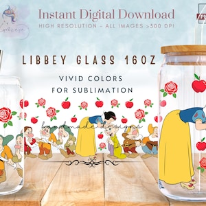 Princess 16oz Libbey Glass Can Wrap ~ Cartoon Princess 16 oz Tumbler Wrap ~ Dwarfs PNG~ Glass Can Sublimation Design ~ Tumbler Wrap Digital