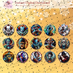 May include: A collection of round, colorful ornaments featuring horror movie characters. Each ornament has a unique design, including clowns, masked figures, and villains with weapons. The ornaments are set against a gold background with the text "Instant Digital Download".