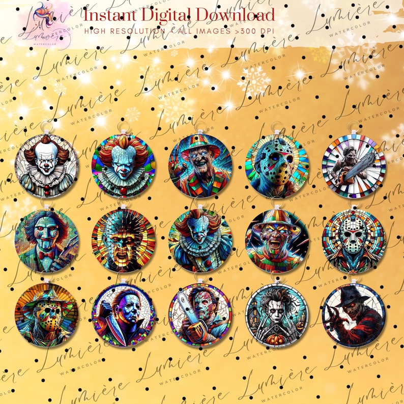 May include: A collection of round, colorful ornaments featuring horror movie characters. Each ornament has a unique design, including clowns, masked figures, and villains with weapons. The ornaments are set against a gold background with the text "Instant Digital Download".