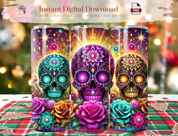 Sugar Skull 20oz Tumbler Wrap ~ Colorful day of the dead Tumbler ~ Floral Cosmic Skull ~ trending Printable Digital Download ~ Sublimation