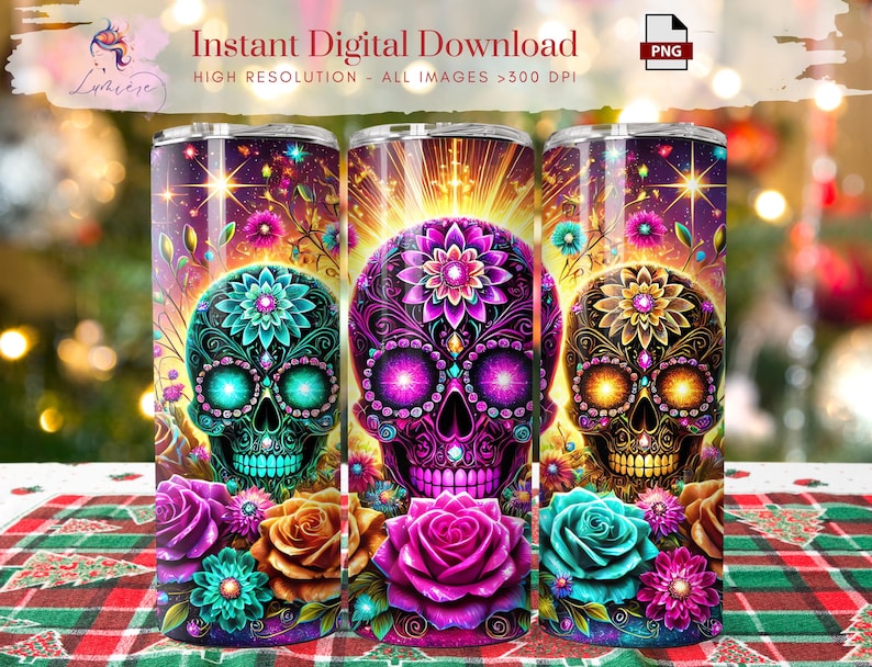 May include: Three stainless steel tumblers with vibrant, colorful sugar skull designs. Each tumbler features a different skull design with floral accents, set against a starry background. The text "Instant Digital Download" is visible at the top.