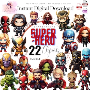 May include: A set of 22 digital clipart images featuring various superheroes in a cartoon style. The images are transparent and high resolution, ideal for crafting projects.