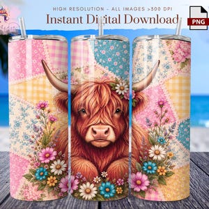 Puede incluir: Tres vasos de acero inoxidable con un diseño floral y patchwork. Cada vaso presenta una ilustración de acuarela de una vaca de las Tierras Altas con flores. Los vasos tienen una pajita y el texto "Instant Digital Download".