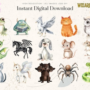 May include: A set of 14 watercolor illustrations of various magical creatures, including a frog, a monster, a bird, a cat, an owl, a dragon, a unicorn, a dog, a mouse, a spider, a snake, and a three-headed creature. The illustrations are in a whimsical style and are perfect for use in digital projects.