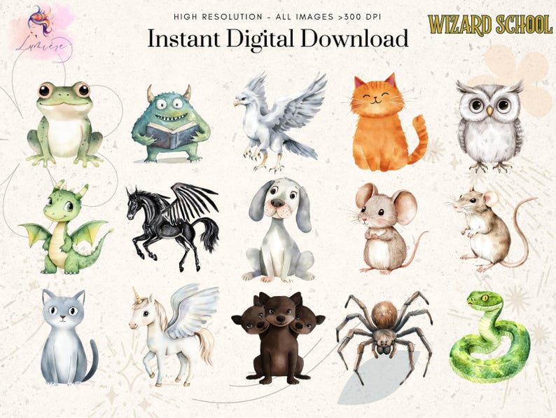May include: A set of 14 watercolor illustrations of various magical creatures, including a frog, a monster, a bird, a cat, an owl, a dragon, a unicorn, a dog, a mouse, a spider, a snake, and a three-headed creature. The illustrations are in a whimsical style and are perfect for use in digital projects.