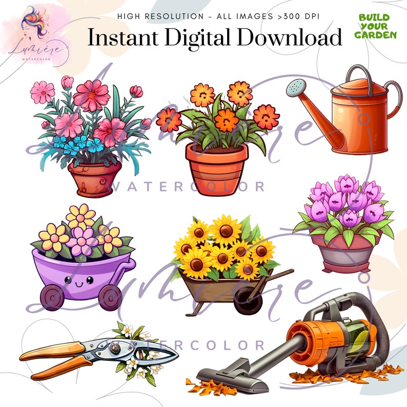 K&ouml;nnte beinhalten: Ein Set digitaler Illustrationen mit Gartenger&auml;ten und Pflanzen. Das Set enth&auml;lt eine Gie&szlig;kanne, eine Gartenschere, einen Staubsauger, eine Schubkarre gef&uuml;llt mit Sonnenblumen, einen Blumentopf mit rosa Bl&uuml;ten, einen Blumentopf mit lila Bl&uuml;ten und einen Blumentopf mit gelben und rosa Bl&uuml;ten.