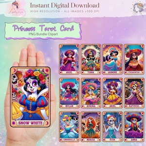 Cartas de tarô de princesa PNG, Pacote de cartas de tarô, Tarô de desenho animado PNG, Cartas de princesa de Halloween, Dia dos Mortos PNG, Sublimação de tarô, Digital