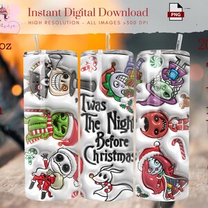 Puede incluir: Un vaso de 20 oz con personajes de "Pesadilla antes de Navidad". El dise&ntilde;o incluye a Jack Skellington, Sally, Zero y otros personajes con el texto "Twas The Night Before Christmas". El vaso tiene un fondo blanco.
