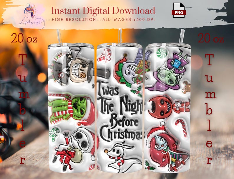 Puede incluir: Un vaso de 20 oz con personajes de "Pesadilla antes de Navidad". El dise&ntilde;o incluye a Jack Skellington, Sally, Zero y otros personajes con el texto "Twas The Night Before Christmas". El vaso tiene un fondo blanco.