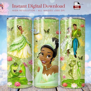 May include: A set of three green and white insulated tumblers featuring illustrations of a princess, frogs, and butterflies. The tumblers have a floral and glittery background. Text at the top reads "Instant Digital Download".