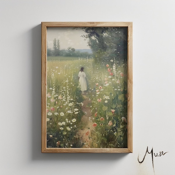 Idyllic Spring Path Vintage Art Print, Young Girl in Flower Field, Romantic Countryside Digital Download, Victorian Springtime Wall Art