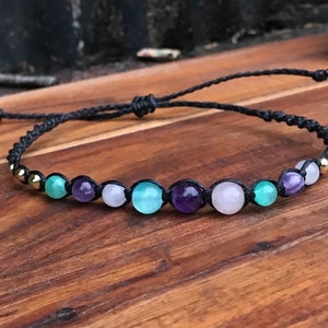 Anklet, Rose Quartz, Amethyst and New Jade, black with Gold colored feature beads, adjustable, handmade gift