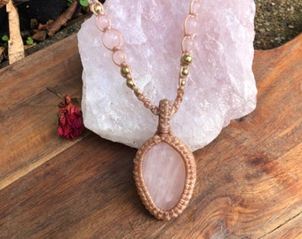 Rose Quartz Macrame Pendant Necklace: Boho Chic, Adjustable,, Handmade