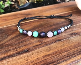 Anklet, Rose Quartz, Amethyst and New Jade, black with Silver colored brass beads, adjustable, handmade gift