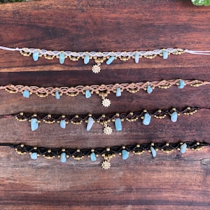 Larimar Gemstone Macrame Anklet: Boho Sunflower Charm, Adjustable