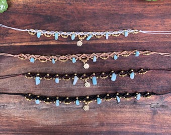 Larimar Gemstone Macrame Anklet: Boho Sunflower Charm, Adjustable