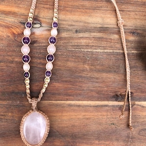 Rose Quartz Pendant, macrame necklace, Adjustable, boho chic, handmade gift
