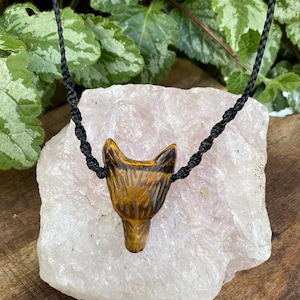 Tiger's Eye Wolf Pendant Necklace, Black Macrame Cord, Adjustable Length