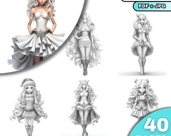 40 Christmas Girls Coloring Book, Adults & Kids  Coloring Pages, Grayscale Coloring Book, Digital Download, Printable PDF File
