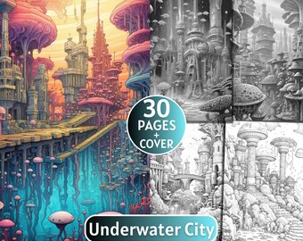 30 pages à colorier de la ville sous-marine, livre de coloriage en niveaux de gris pour adultes et enfants, océan à colorier, poisson, téléchargement numérique, coloriage imprimable