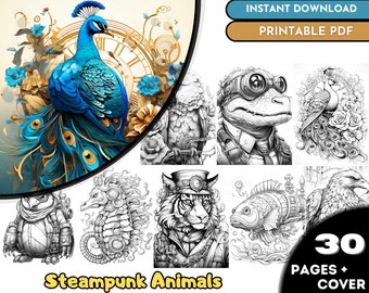 30 Steampunk Animals Coloring Pages, Adults + Kids  Coloring Pages, Digital Download, Grayscale Coloring Book, Printable PDF File