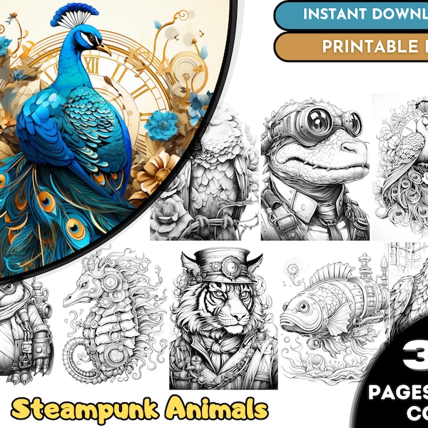 30 Steampunk Animals Coloring Book, Adults + Kids  Coloring Pages, Digital Download, Grayscale Coloring Book, Printable PDF File