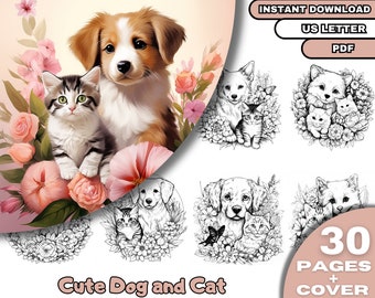 30 Cute Dog and Cat  Coloring, Adults & Kids  Coloring Pages, Grayscale Coloring Pages, Digital Download, Printable PDF File