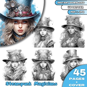 May include: A set of 45 coloring pages featuring steampunk-themed illustrations of women wearing elaborate hats and clothing. The cover features a woman with blue eyes and long blonde hair wearing a large, ornate hat with gears and cogs. The text "Steampunk Magicians" is printed below the image.