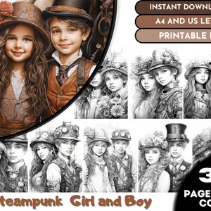 30 Steampunk Girl and Boy Coloring, Adults + Kids  Coloring Pages, Digital Download, Grayscale Coloring Book, Printable PDF File
