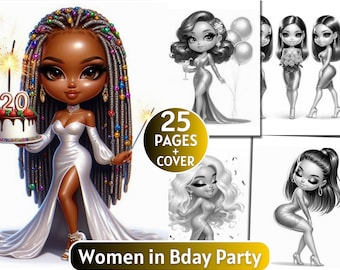 25 Women in Birthday Party Coloring Pages | Grayscale Coloring Book for Adults and Kids | Birthday Girl |Printable PDF| Instant Download