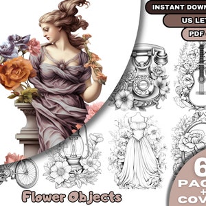 65 flores para colorear, páginas para colorear para adultos y niños, descarga digital, libro para colorear en escala de grises, archivo PDF imprimible, carta de EE. UU.