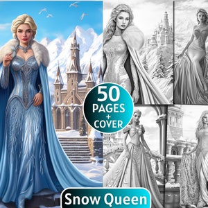 以下が含まれることがあります： 青いドレスと白いファーの襟巻きを着た雪の女王が描かれた塗り絵。表紙には背景に城が描かれている。この本には表紙を含めて50ページ収録されている