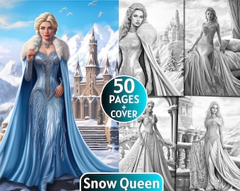 50 Snow Queen Coloring Pages, Grayscale Coloring Book for Adults and Kids, Snow Girl ,Digital Download,Printable Coloring