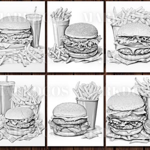 May include: Six black and white illustrations of cheeseburgers with fries and a drink. Each illustration features a different cheeseburger with lettuce, tomato, and cheese.
