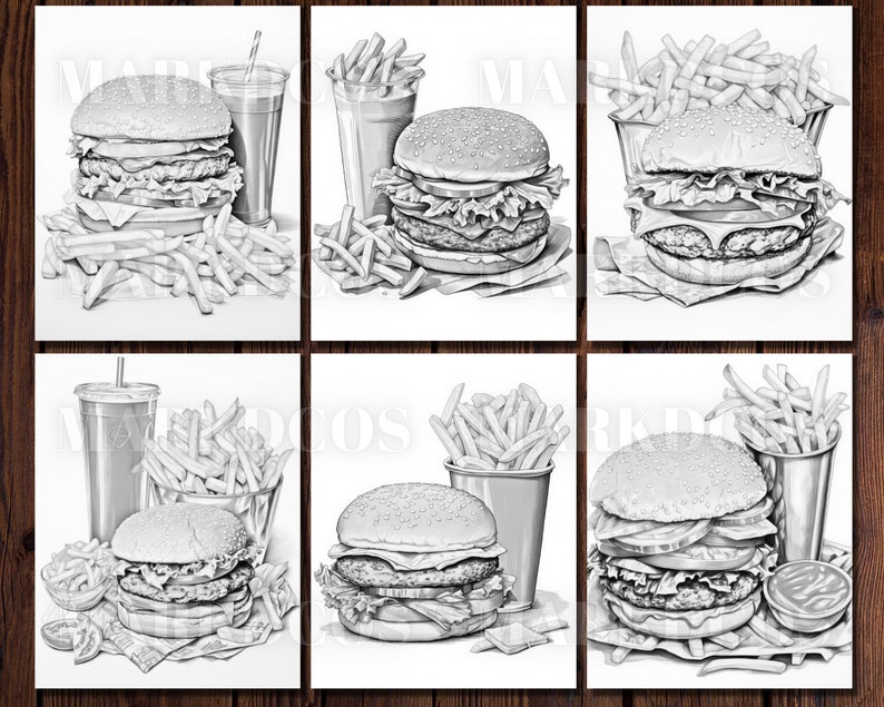 May include: Six black and white illustrations of cheeseburgers with fries and a drink. Each illustration features a different cheeseburger with lettuce, tomato, and cheese.