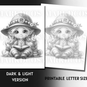 May include: A black and white coloring page featuring a young girl with large eyes, wearing a hat and holding a book. The girl is sitting on a stack of books and has a peaceful expression on her face.