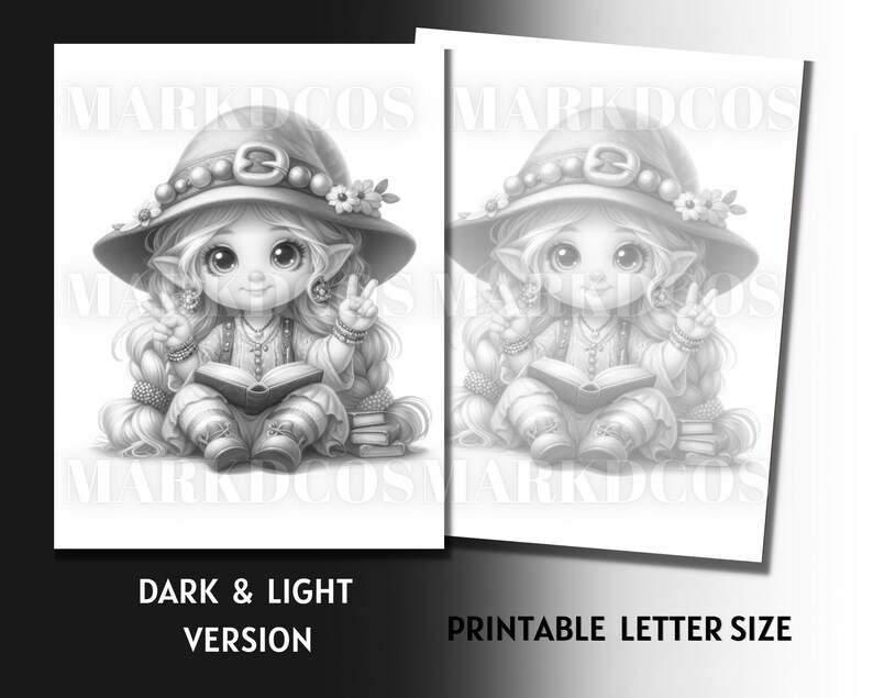 May include: A black and white coloring page featuring a young girl with large eyes, wearing a hat and holding a book. The girl is sitting on a stack of books and has a peaceful expression on her face.