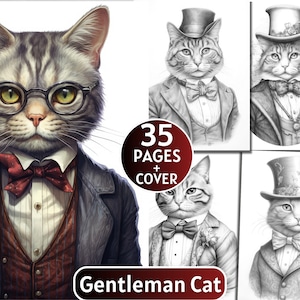 35 Gentleman Cat Coloring Book, Grayscale Coloring Book for Adults and Kids, Fairytale Animals, Digital Download,Printable Coloring