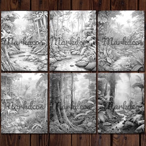 May include: Six black and white pencil drawings of a lush jungle scene with a river flowing through it. The drawings are arranged in a grid of two rows and three columns.