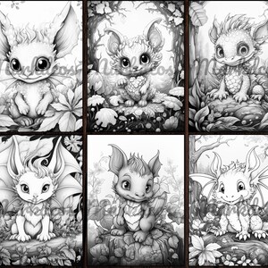 May include: Six black and white illustrations of cute, cartoon-style dragons with wings. Each dragon is in a different pose and has a different expression. The dragons are surrounded by leaves and flowers.