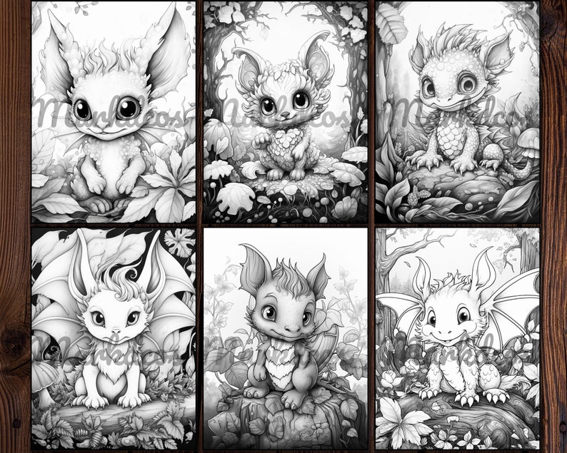 May include: Six black and white illustrations of cute, cartoon-style dragons with wings. Each dragon is in a different pose and has a different expression. The dragons are surrounded by leaves and flowers.