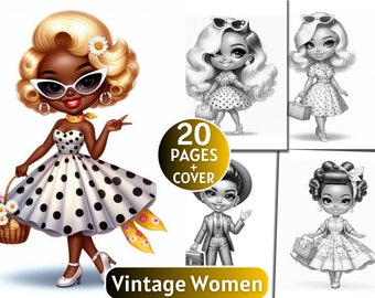 20  Coloring Pages | Grayscale Coloring Book for Adults and Kids | Old Vintage Womens, Victorian Era |Printable PDF| Instant Download